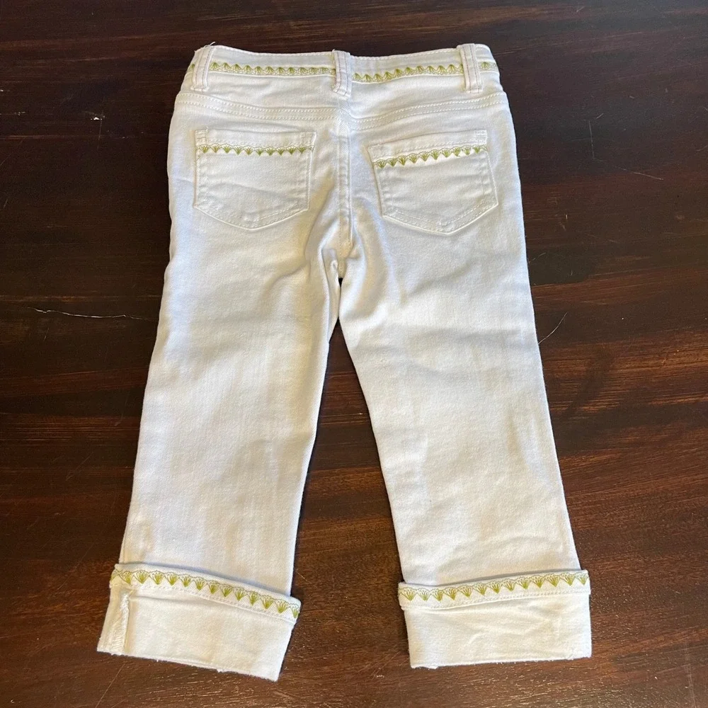 Matilda Jane Girls White Embroidered Cuffed Denim Jeans Size 4 Olive Green Trim